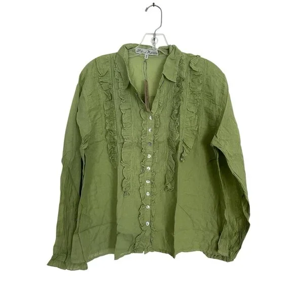 JP And Mattie Women’s Blanchard Ruffle Button Down Blouse Green Sz S New - Picture 2 of 13
